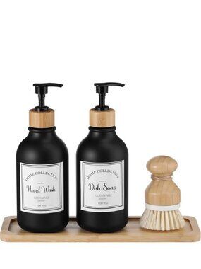 Kitchen Soap Dispenser Set with Bamboo Tray and Dish Brush, & Labels New In Box